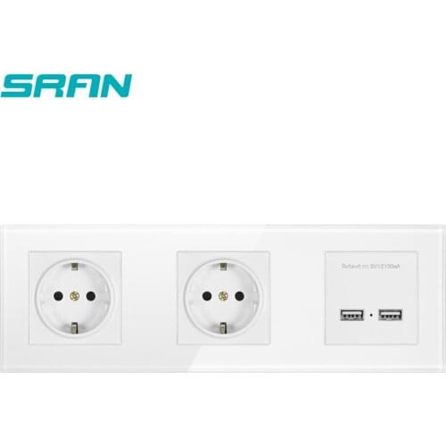 SRAN EU 3 frame power socket,16A Plug Grounded Electrical socket with 2usb outlet strip Crystal Glass panel 258mm*86mm white