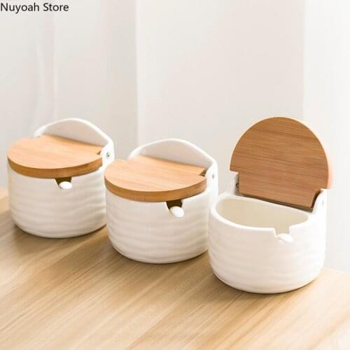 Japanese Style Z Simple Bamboo Lid Flip Ceramic Seasoning Jar Seasoning Bottle Seasoning Box Nordic Seasoning Jar with Spoon