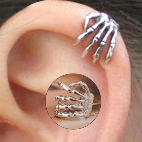 Punk Keleton Finger Hand Ear Clip Ear Cuff Unisex Clip Earrings Without Piercing For Women Men Fake Cartilage Earrings Jewelry