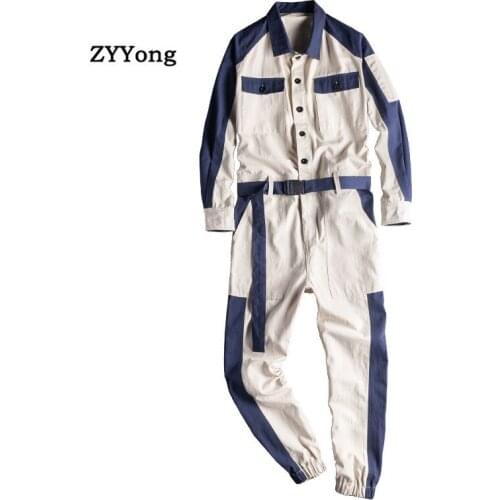 Men Jumpsuit Hip Hop Streetwear Overalls Fashion Loose Long Sleeve Lapel Beam Feet Stitching Style Cargo Pants Casual Trousers