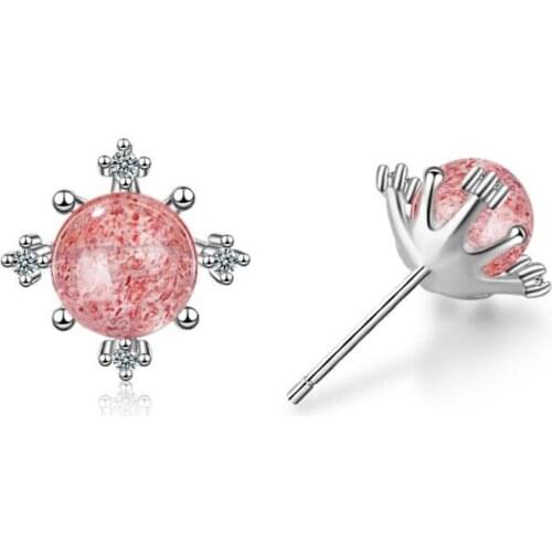 Beautiful Fashion Strawberry Crystal 925 Sterling Silver Jewelry Temperament Snowflake Moonstone Flower Stud Earrings SE649