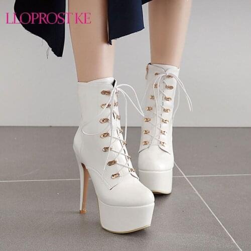 Lloprost ke Hot Ladies Platform Zipper High Heels Ankle Boots Party Brand Sexy Autumn Boots Women Black White Red Shoes Woman