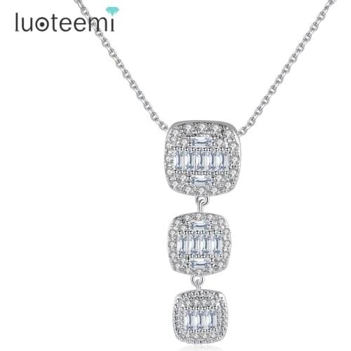LUOTEEMI Trendy AAA Cubic Zirconia Three Square Long Pendant Necklaces for Women Girls Bridal Wedding Fashion Jewelry Bijoux