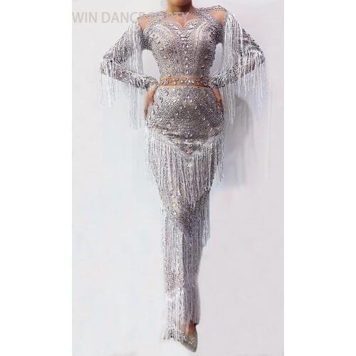Fashion Silver Rhinestone Tassel Party Long Dress Women Stretch Birthday Prom Crystal Fringes Dress Singer Dancer Stage Costumes