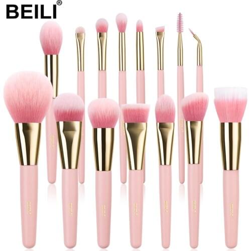 BEILI 15pcs Makeup Brushes Set Matte Pink Highlight Foundation Powder Eye shadow high quality brochas maquillaje synthetic hair