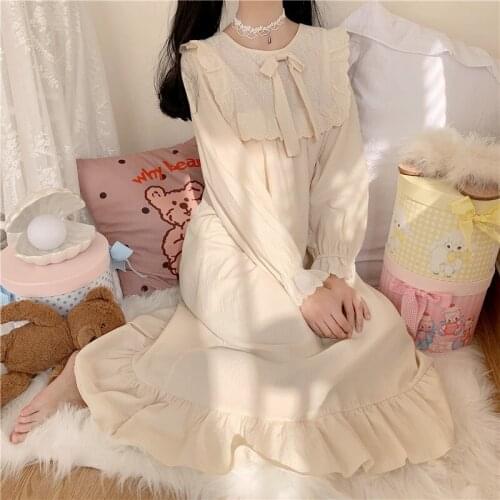 Nightgown Sleepwear Women Spring Autumn Long Sleeve Nightdress Loose Women Princess Nightgowns Comfortable Kimono Robe white
