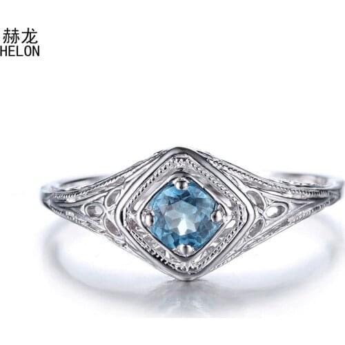 Solid 14k (585) White Gold 4mm Round Cut 100% Genuine Swiss Blue Topaz Art Deco Antique Jewellery Women Engagement Wedding Ring