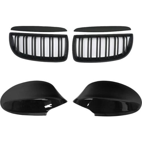 Front Bumper Kidney Grill Replacement Dual Slat Grilles Matt Black with 1 Pair Rear View Mirror Cover Caps