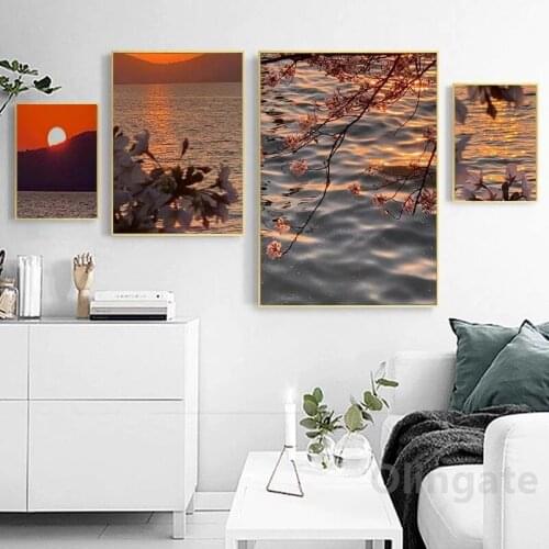 Lake Scenery Pink Flower Wall Art Nordic Landscape Canvas Painting The Setting Sun Poster Print Picture Modern Home Decor Gift