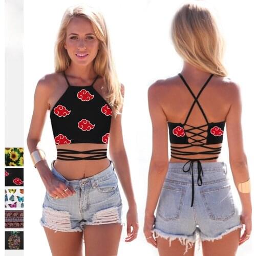 Summer Women Sexy Halter Tops Digital Printed Red Cloud Vest Navel Bare Crop Stylish Ladies Lace-Up Camisole Tops