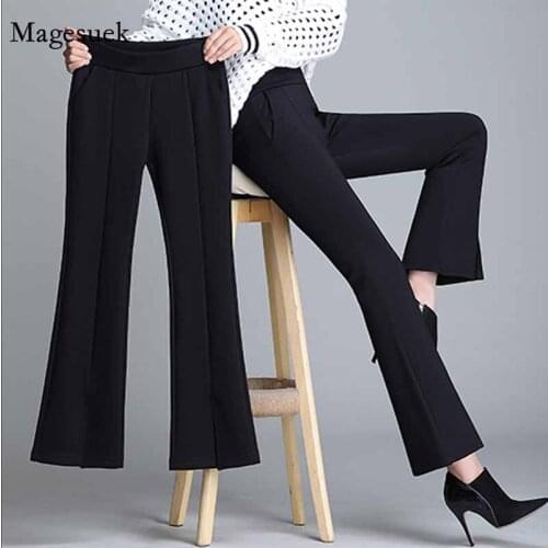 Thick Velvet High Waist Flare Pants Spring Winter Women Trousers Pockets Korean Style Elastic Waist Plus Size Pants Women 11531