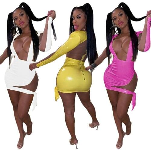 Sexy PU Mesh Club Dress Deep V Neck Party Wear Women Long Sleeve Patchwork Mini Dresses Nigtclub Evening Dress 2021 Fall Clothes