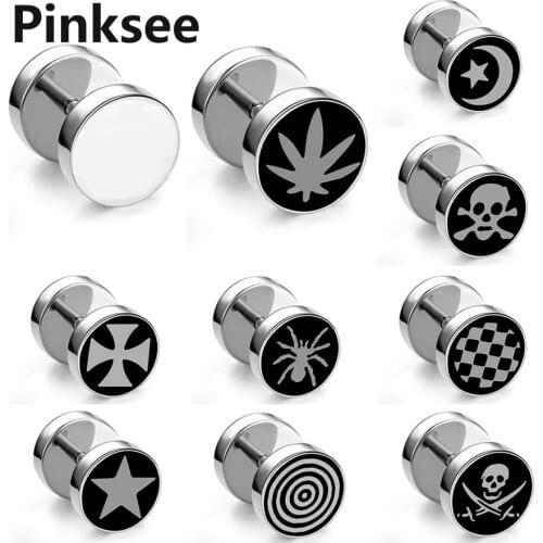2pcs Hot Punk Gothic Jewelry Round Plain Mens Ear Stud Barbell Earrings Stainless Steel Fake Ear Stretcher Plug Free Ship