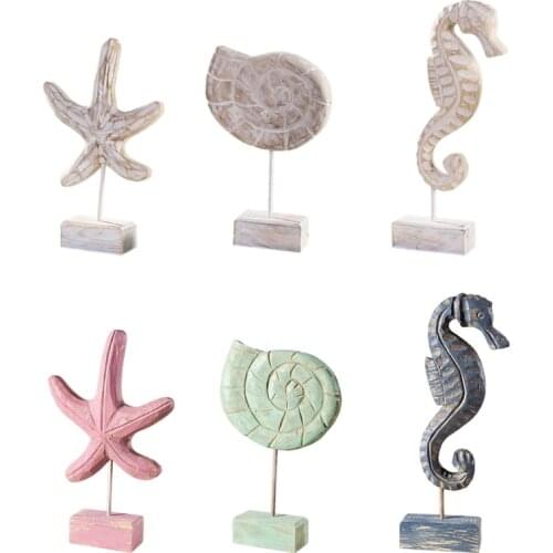 Mediterranean Style Wood Crafts Home Decor Statue Starfish Conch Seahorse Figurines Nautical Style Table Sculptures