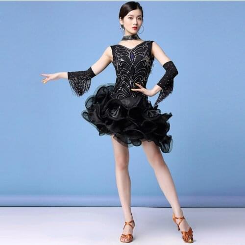 Women Dance Clothes Mini Dress Tutu Salsa Costume Samba Sleeveless Sequins One-piece Latin Dresses (Dress + Gloves + Necklace)