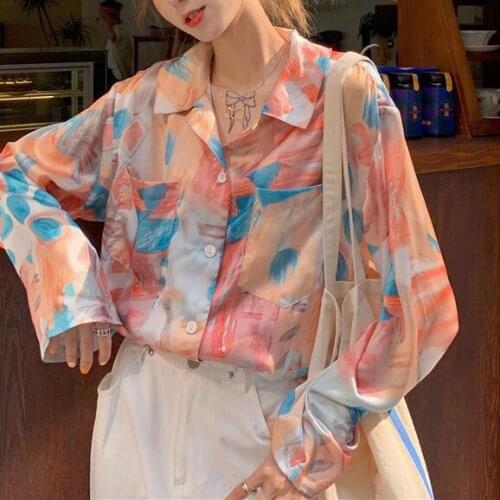 Retro print design Hong Kong style French shirt new pastoral style Western style big flower shirt female summer thin section