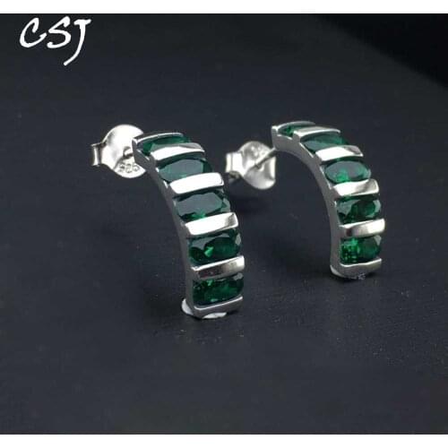 CSJ Created Nano Emerald Stud Earring Sterling 925 Silver Fine Jewelry For Women Lady Wedding Party Gift Box