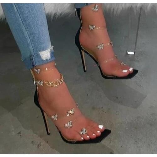 Women Square Toe High Heel Sandals Party Shoes Three Color Clear Acrylic Butterfly Design 2021 womens shoes