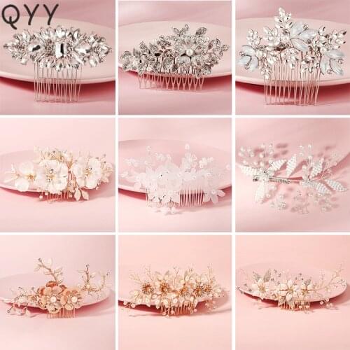 QYY Bridal Wedding Hair Accessories Flower Crystal Hair Comb Clips for Women Bride Headpiece Party Headwear Jewelry Gifts
