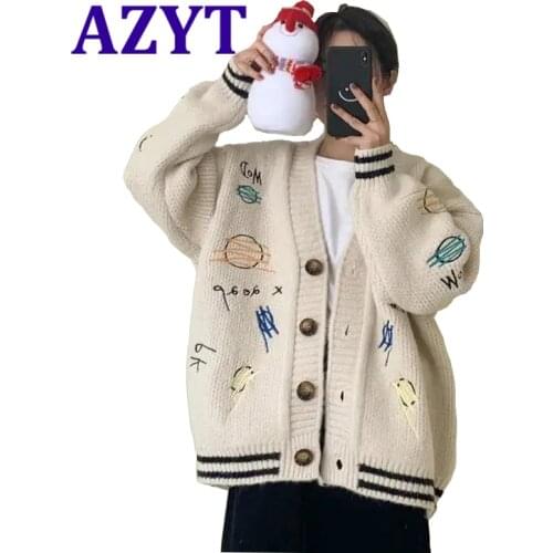 AZYT Autumn Winter Loose Knitted Cardigans Women 2020 Japanese Sweet Cute Sweater Coat Fashion Embroidery Knitwear Jacket Female