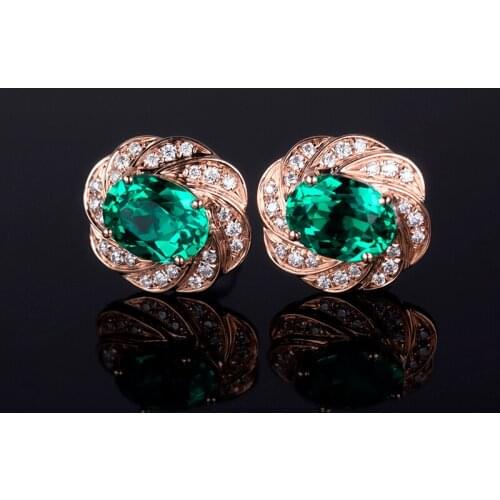 14K Solid Rose Gold Gold Lab Created Hydrothemal Emerald Earrings Oval MS-199