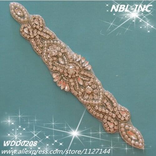 30pcs) Wholesale bridal sash beaded sewing rhinestone pearl appliques iron on for wedding dresses sash belt WDD0208