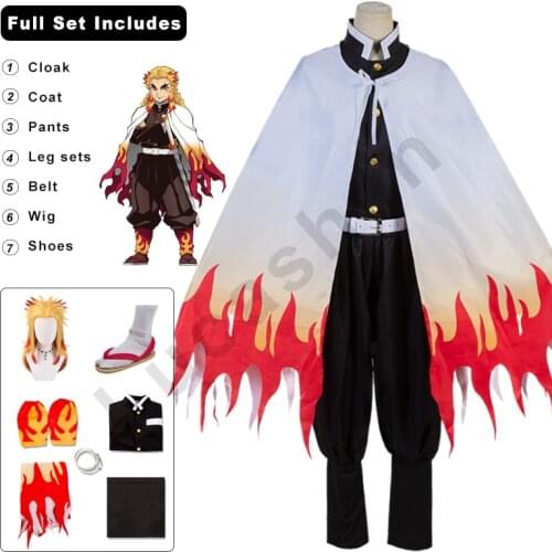Anime Demonias Demon Slayer Kimono Rengoku Cosplay Costumes Kimetsu No Yaiba Cloak Tops Pants Wig Shoes Suit Adult Kids Clothes