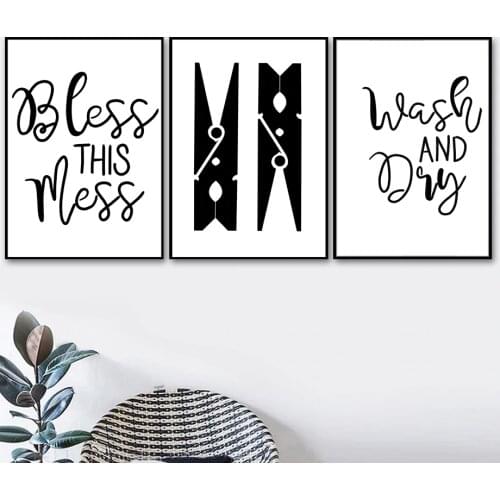 Black White Wash And Dry Quotes Posters And Prints Clothespin Laundry Canvas Painting Nordic Wall Art Pictures For Bathroom De