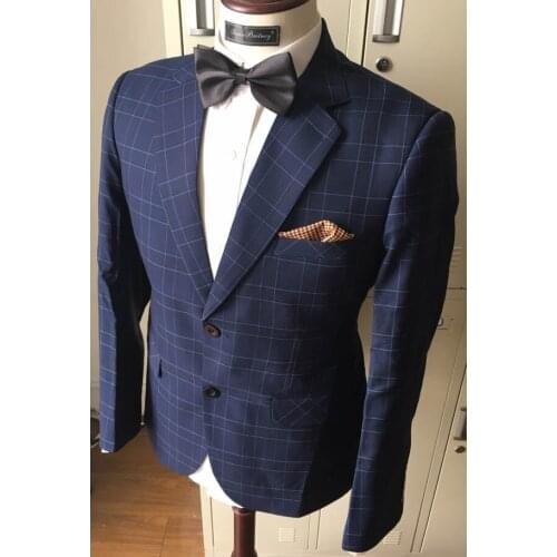 Good Quality 100% Wool Blue Plaid Business Suits for Men Groom Best Man Wedding Prom Tuxedo Custom Jacket with Pants 2 Piece Set