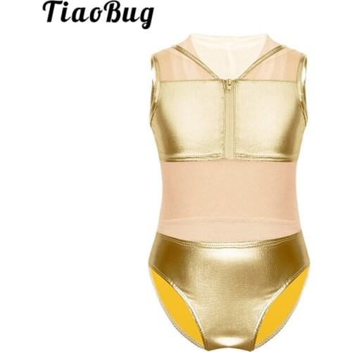 TiaoBug Kids Sleeveless Shiny Metallic Hooded Ballet Leotards Girls Mesh Patchwork Zipper Gymnastics Leotard Stage Dance Costume