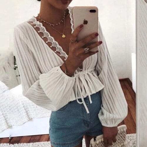 Foridol deep v neck sash pelpum long sleeve blouse shirt women autumn winter sheer white blouse tops short stripe vintage tops