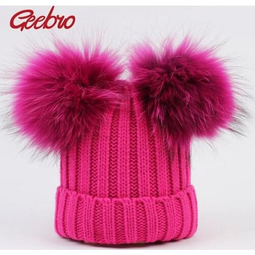 Geebro Winter Baby Knit Beanie Hat Real Fur Pompon Toddler Kid Warm Real Double Pompom Beanies Boys Girls Outdoor Cap