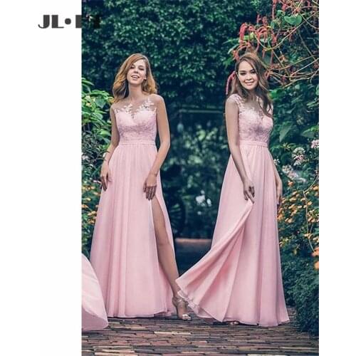 Illusion Sheer Lace Bridesmaid Dresses Long Side Slit Sleeveless Bridesmaid Gown Floor Length Chiffon Wedding Party Dress