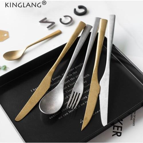 KINGLANG 4pcs /Set Retro Vintage Cultery 304 Stainless Steel Food Knife Spoon Restaurant Tableware Dining Dessert Spoon