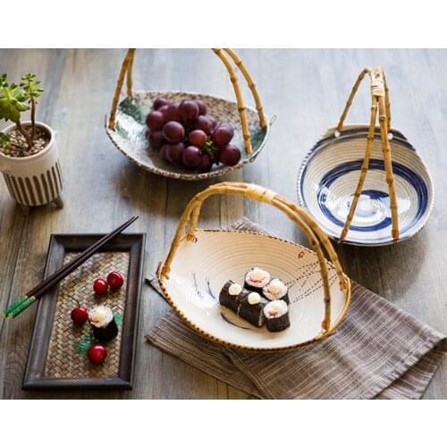 Creative Japanese hand painted ceramic restaurant hotel tableware bamboo handle hanging tray fruit basket snack plate