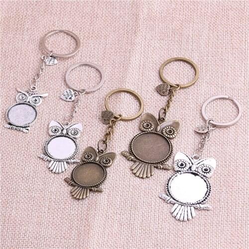 5pcs/lot Metal Key chain round owl Cabochon Setting DIY Vintage Handmade Key Chain Jewelry Making Y1004