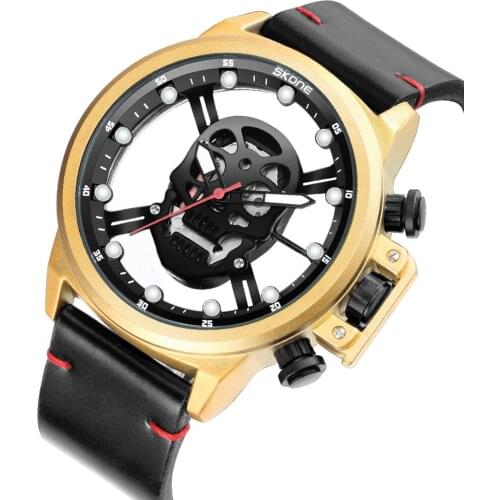 Hollow Out SKONE Brand Skull Men Watch Male Leather Strap Waterproof Clock Golden Military Sport Punk Japan Move Quartz Watches