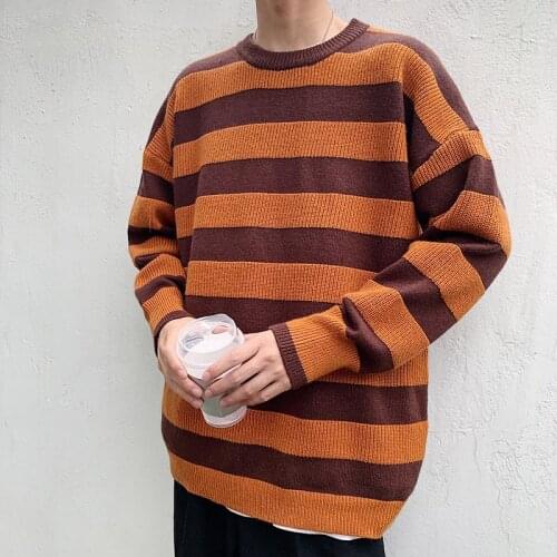2020 Men Winter Fall Long Sleeve Striped Sweaters Korean Autumn Casual Knitted Warmth Pullovers Male Loose Sweater Streetwear