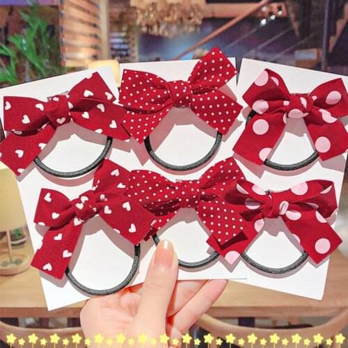 New Girls Red Butterfly Knot Hair Rope Love Wave Spot Hair Circle Girl Double Horsetail Head Rope Fashion Hair Accessories
