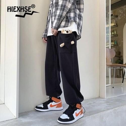 New Harajuku Mens Straight Pants with Bear Wide-Leg Pants Loose Casual Unisex Trousers Streetwear Clothing Bermuda Cargo Pants