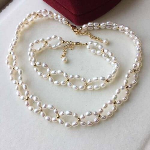 New Arriver Pearl Necklace Bracelet White Rice Genuine Freshwater Pearl Jewelry Set Handmade Wedding Jewelry