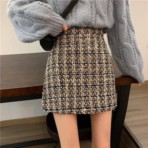 Autumn Winter Elegant Tweed Plaid Mini Skirt Designer Vintage High Waist Women Short Skirts Girls Students A-line Skirts Female