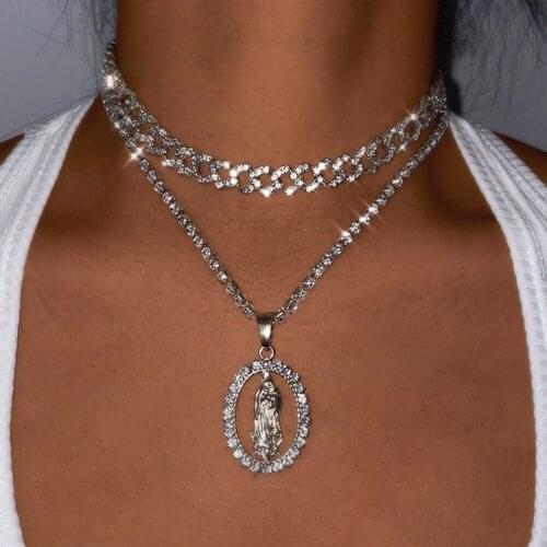 Flatfoosie Hip Hop Portrait Rhinestone Pendant Necklace For Women Double layer Cuban Link Chain Choker Necklace Punk Jewelry