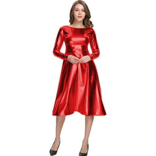 Women Metallic Dress Ladies Dance Evening Paty Stage Costumes Dress Long Sleeve Midi Length Dress A-line Erotic Games Nightwear