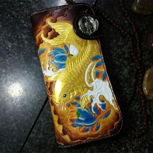 Real Photos Handmade Men Genuine Leather Wallets Carving Carp Bag Purses Women Clutch Vegetable Tanned Leather Wallet Gifts