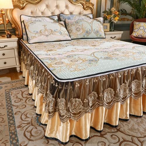 Luxury Quilted Latex Bedspread Summer Cool Bed Sheet Cover Zipper Queen King Lace Bedskirt Ruffles Removable with 2 Pillowcases