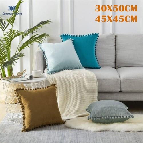 Luxury Soft Particles Velvet Throw Pillows Cover With Pom Poms Pillowcase Solid Dyed Decorative Cushion Covers for Couch Bedroom