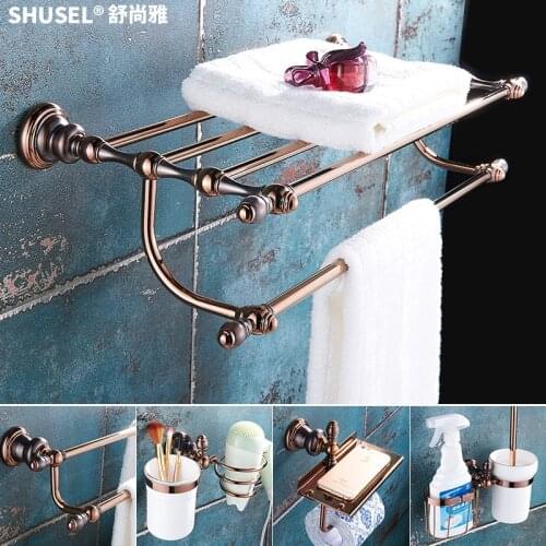 Rose gold European towel rack set copper body towel rack Double bathroom rack bathroom hardware hanger set toilet brush holder