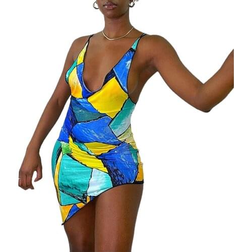 Wsevypo Sexy Abstract Geometric Irregular Dress Women Sleeveless Deep V Short Bodycon Dress Summer Party Clubwear Lady Sheath