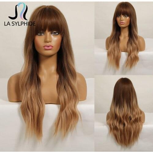 La Sylphide Synthetic Wig Long Wavy Root Dark Brown Ombre Brown Blonde Wigs with Bangs for White Black Woman Daily Party Cute